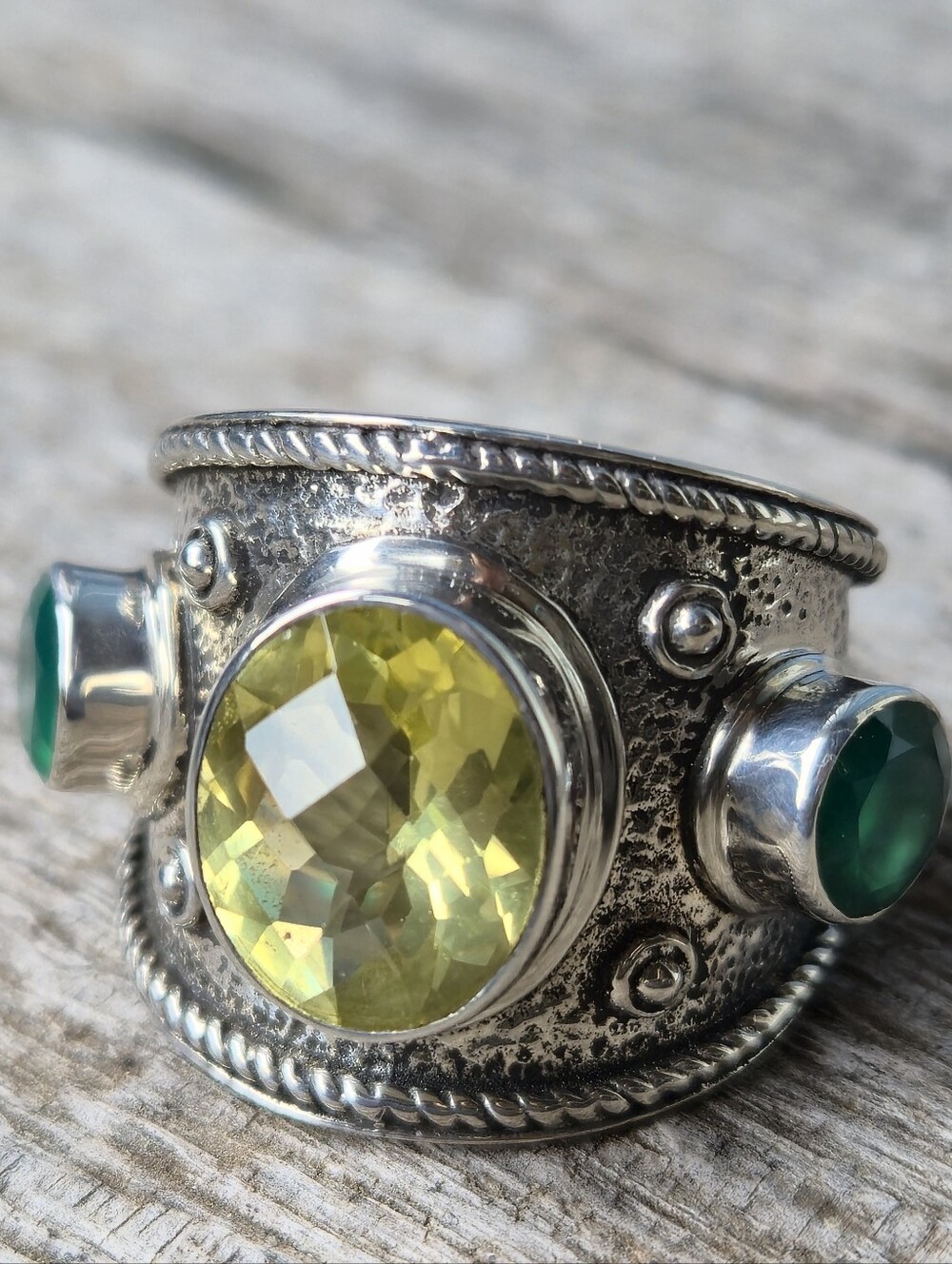 Nicky Butler 925 Sterling Silver Lemon Quartz Green Chalcedony Cigar Band Ring